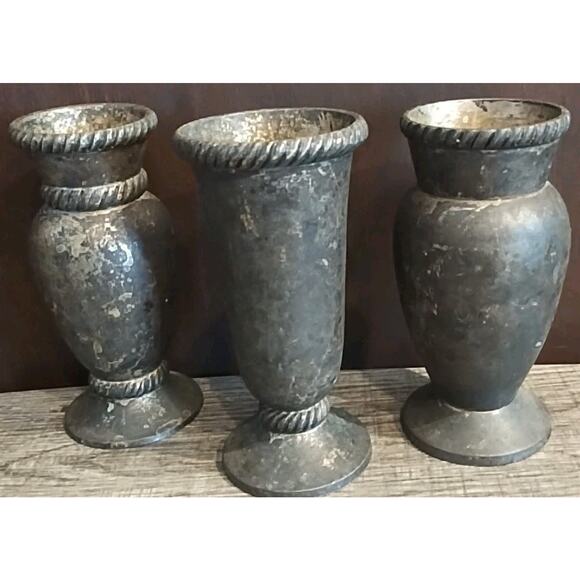 Set Of 3 Pottery Barn Silver Plated Vases Roped Trim 5" Dark Cottagecore Moody - Picture 2 of 4